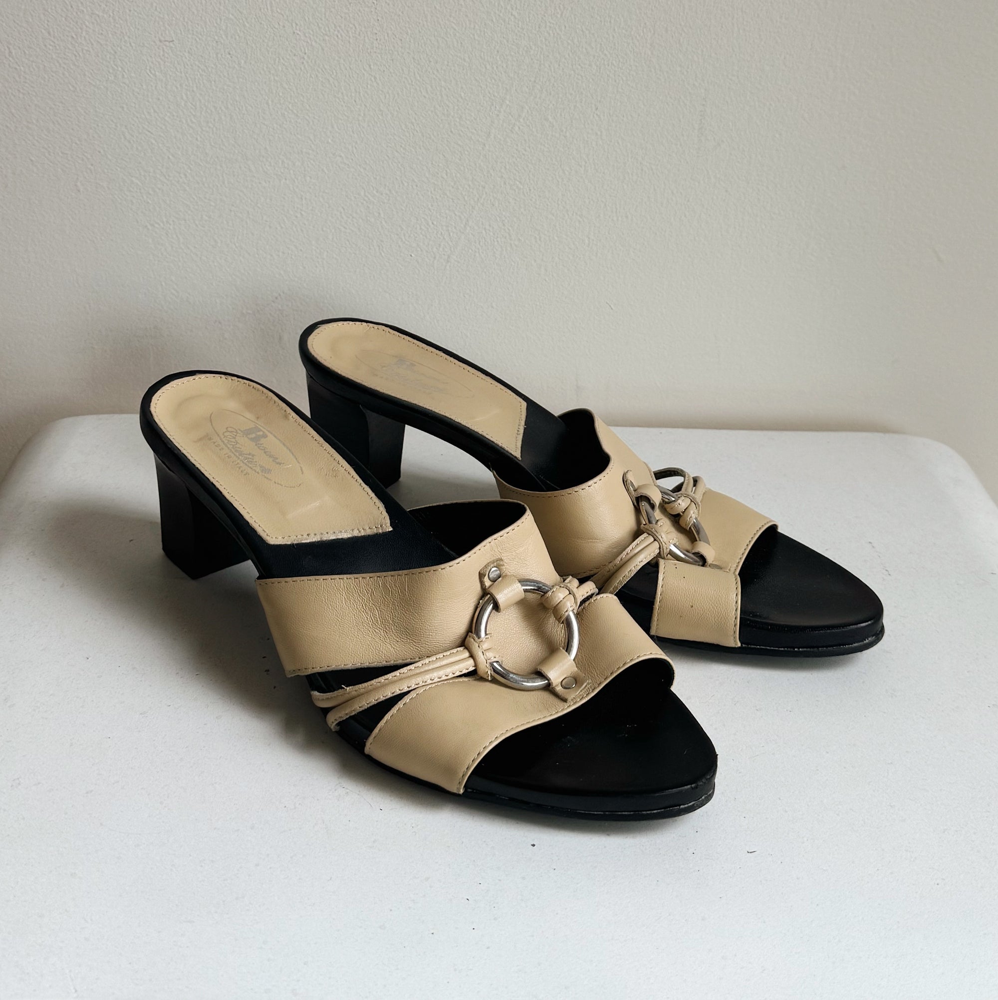 Beige Strappy Leather Kitten Mule | Size 39