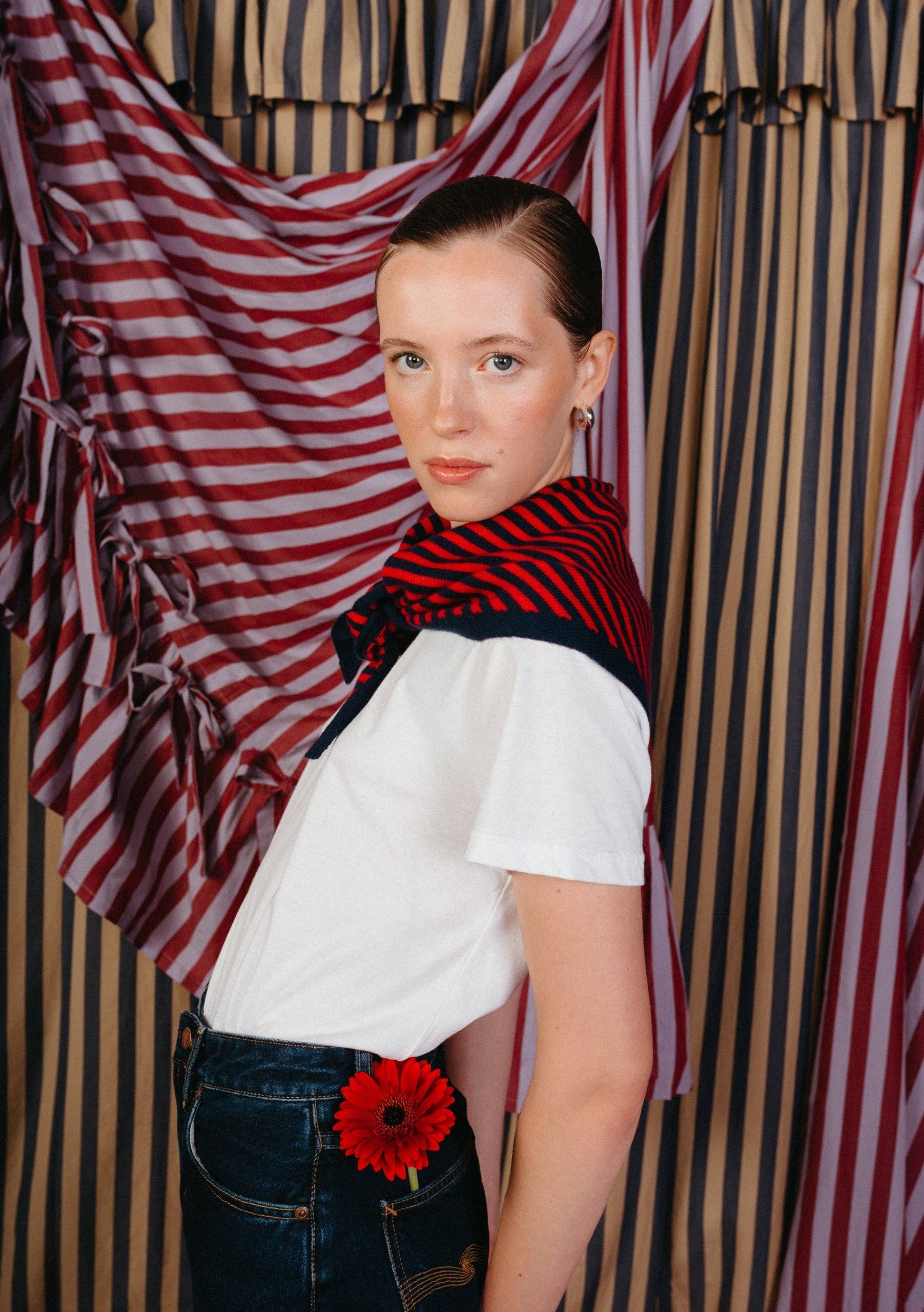 TBCo | Merino Wool Triangle Scarf in Navy & Red Stripe