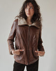 Brown Shearling Collar Leather Coat