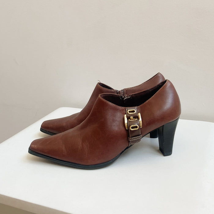 Umber Belted Leather Ankle Boots | size 8.5