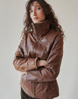 Brown Shearling Collar Leather Coat