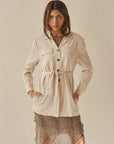 Cream Silk Utility Belted Button Up