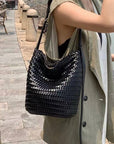 Italian Woven Leather Bucket Bag in Black