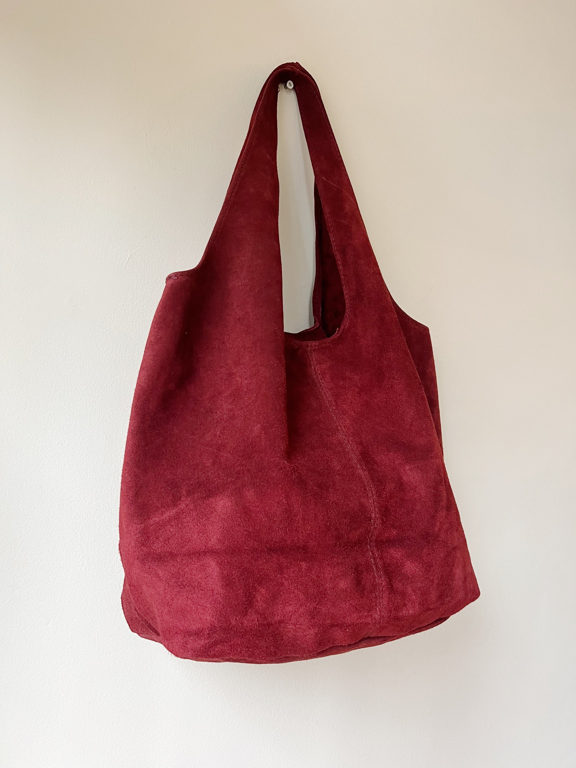 Suede Double Handle Hobo Bag in Merlot