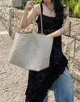 Italian Leather Braided Tote in Dust White
