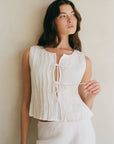 a.ren - AR1159 | Woven 100% Linen Pleated Bow Tie Front Ruffled Tank: Off White / L - Hey Jude