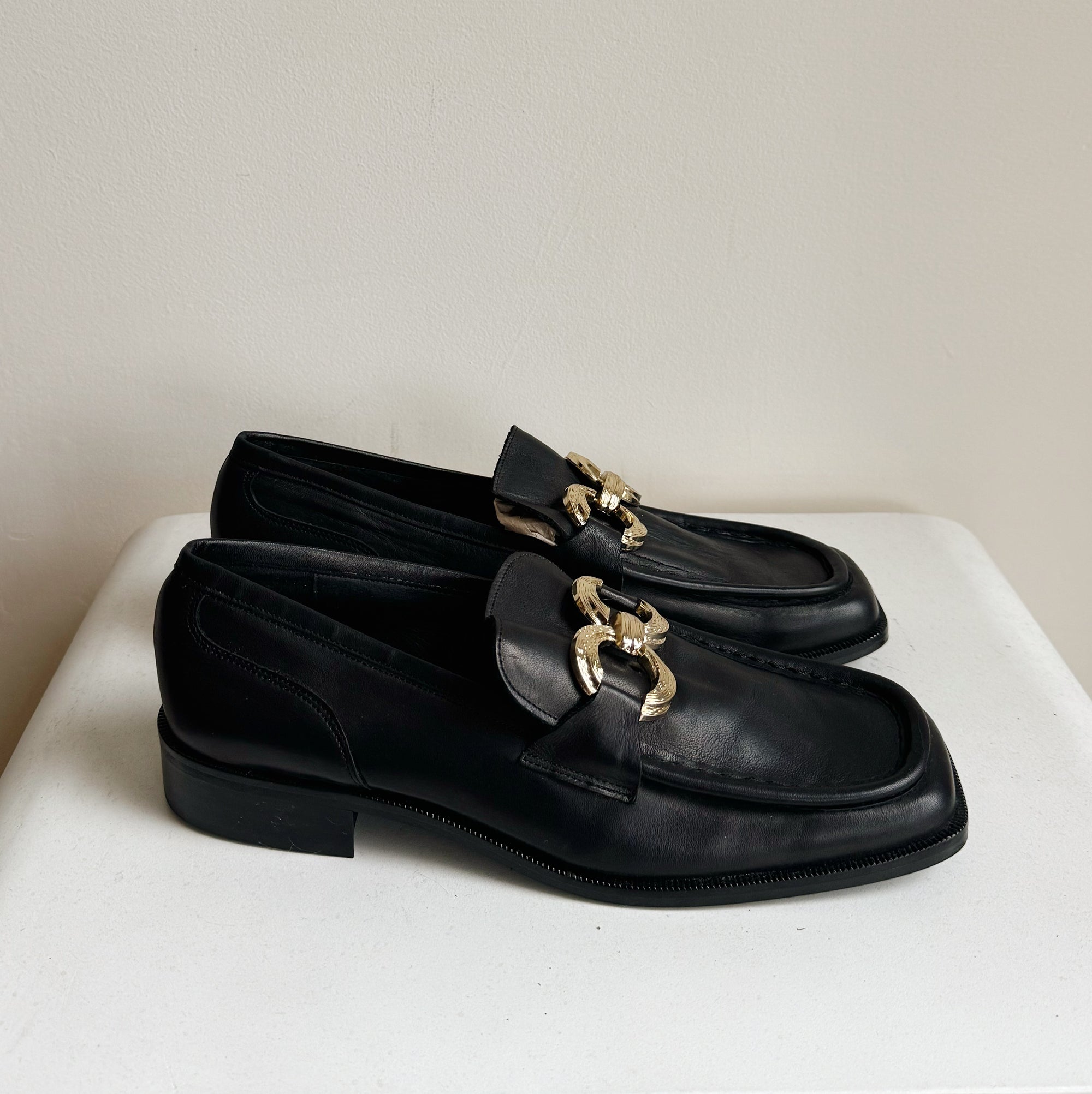 Black + Gold Ornate Leather Loafer | Size 41