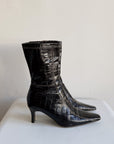 Black Croc-Embossed Leather Ankle Boots | Size 6