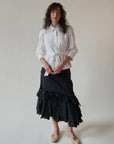 Noir Ruched + Ruffled Midi Skirt