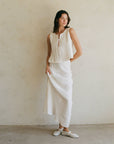 a.ren - AR1159 | Woven 100% Linen Pleated Bow Tie Front Ruffled Tank: Off White / L - Hey Jude