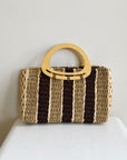 Burgundy Striped Woven Straw Handbag