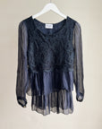 Navy Silk Romantic Embroidered Top