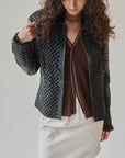 Black Woven Leather Jacket With Fur Collar