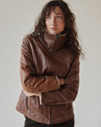 Brown Shearling Collar Leather Coat