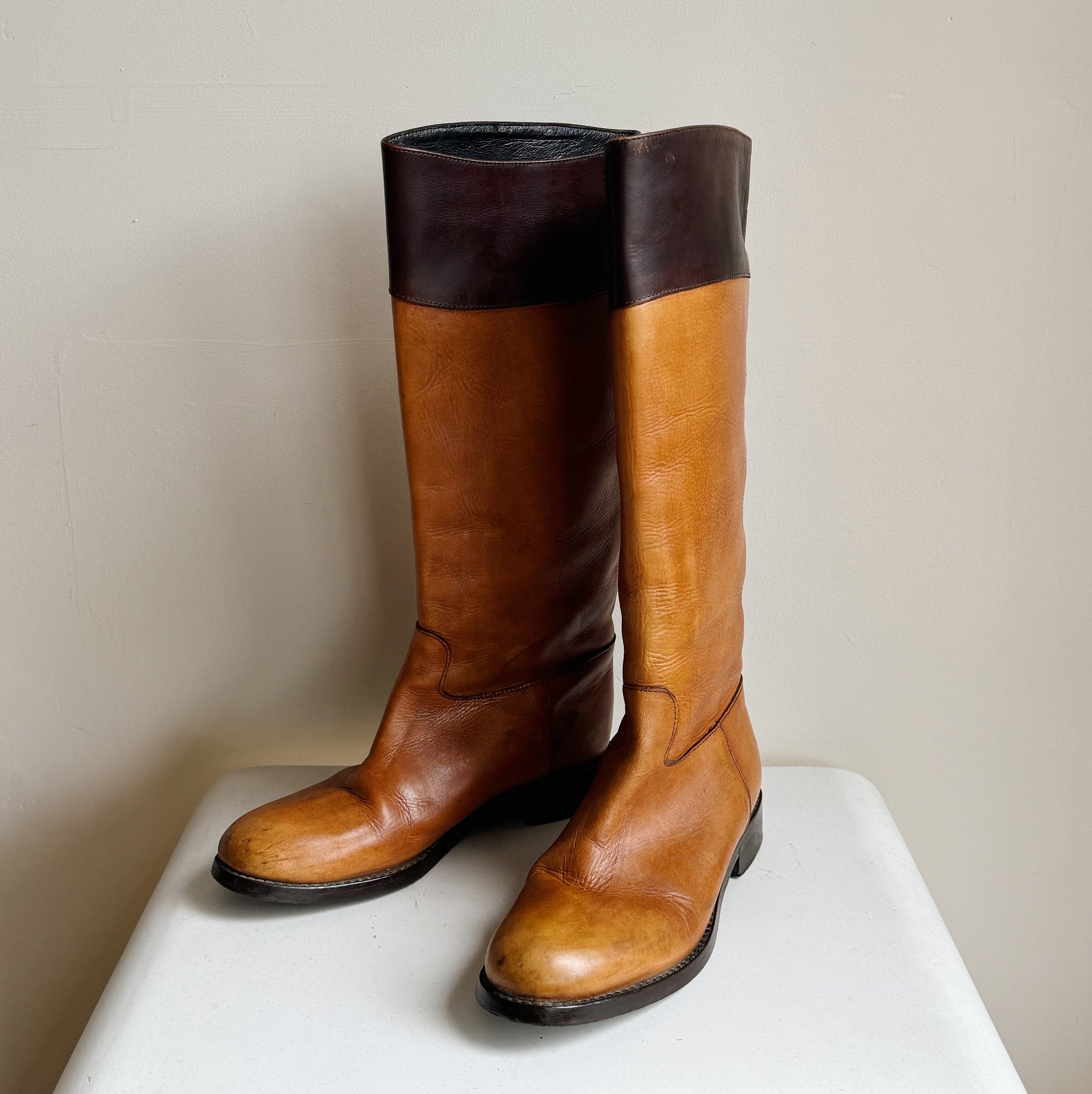 Tobacco Two-Tone Leather Riding Boots | Size 38