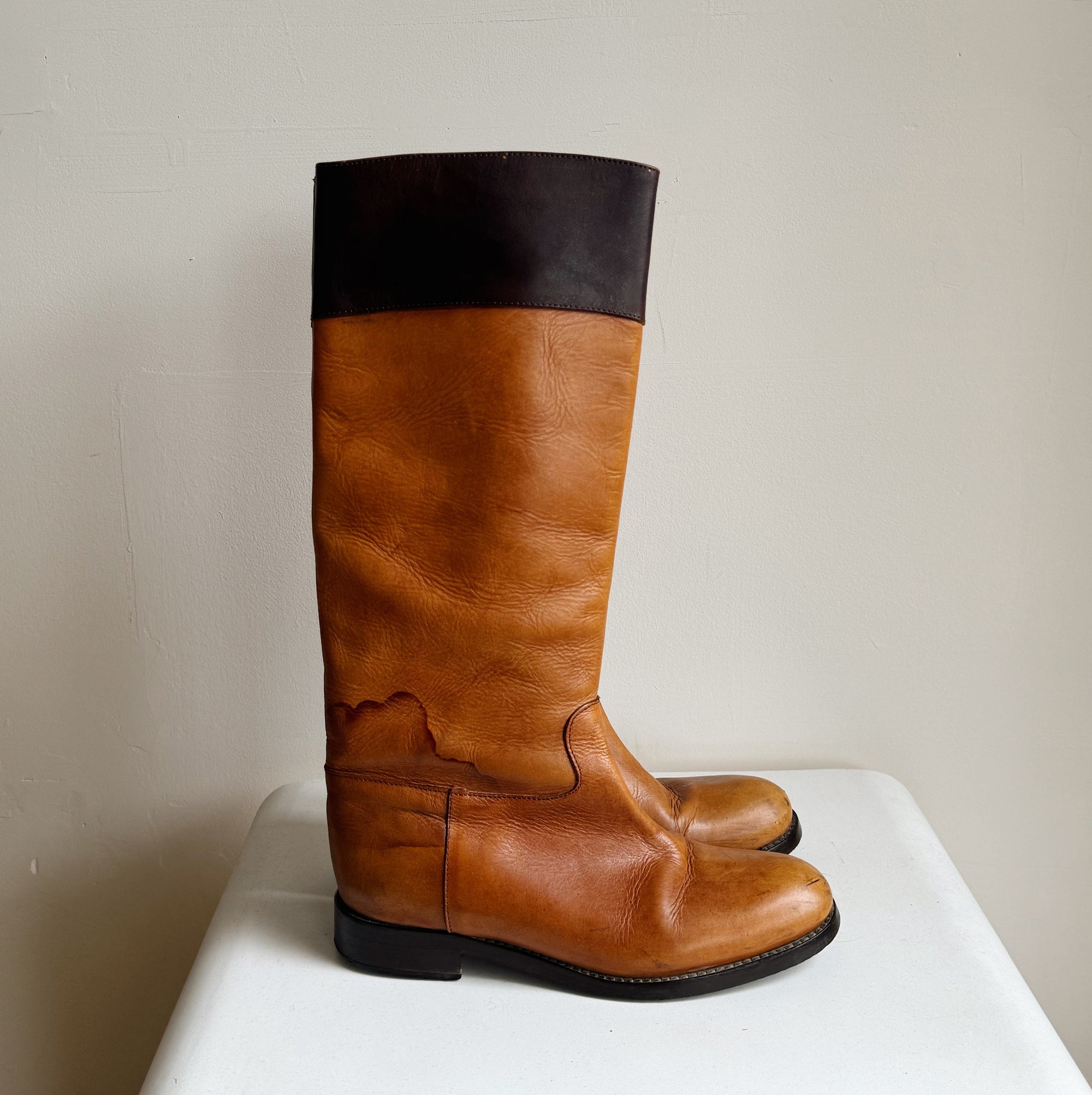 Tobacco Two-Tone Leather Riding Boots | Size 38