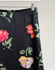 Black Floral Silk Midi Skirt