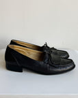 Onyx Fringed Leather Slip On Loafers | Size 8