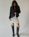 Black Woven Leather Jacket With Fur Collar