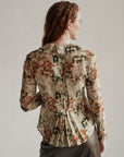 Clover Pixel Print Sheer Silk Blouse