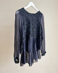 Navy Silk Romantic Embroidered Top