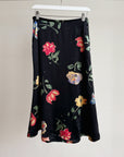 Black Floral Silk Midi Skirt