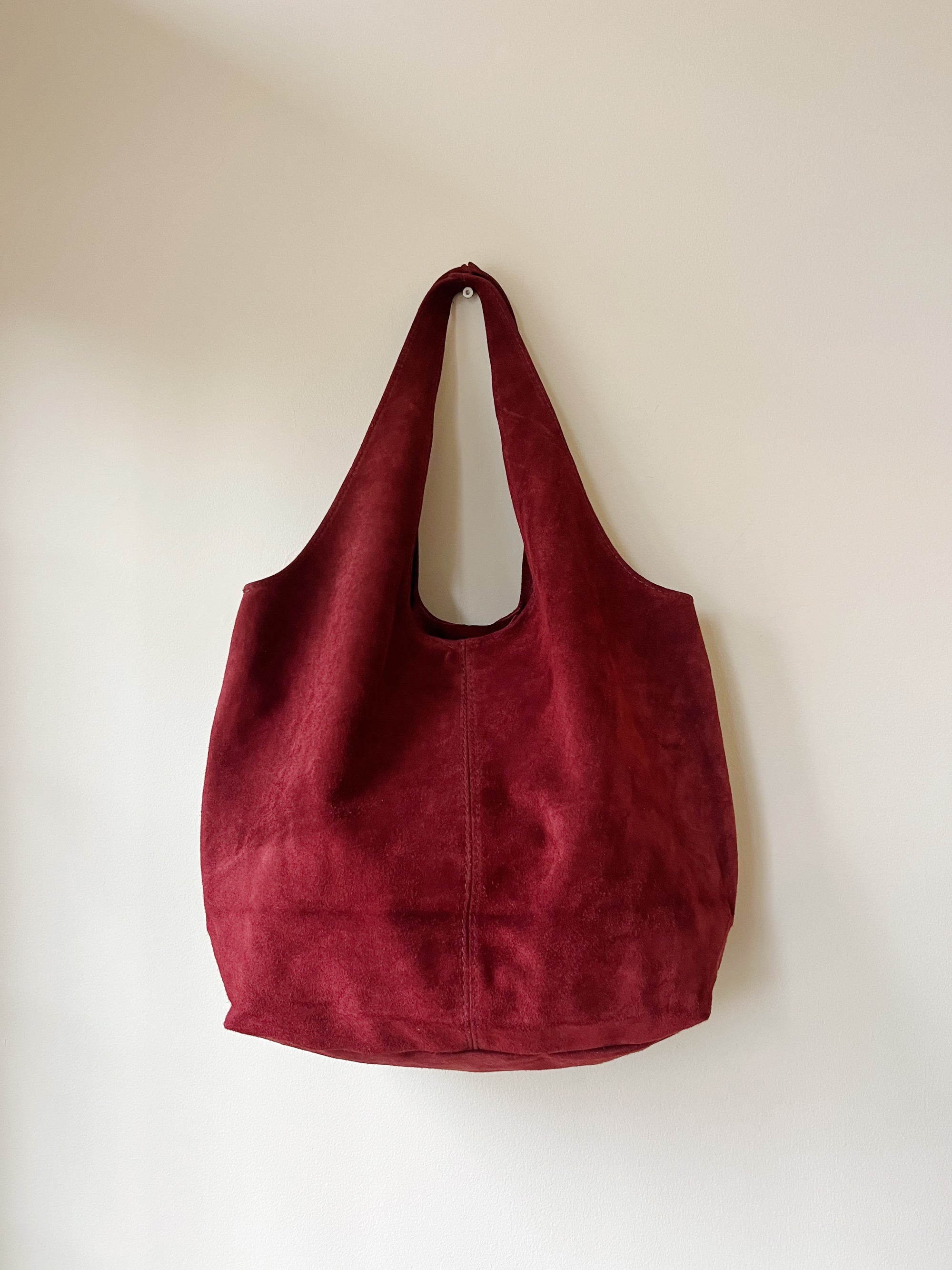 Suede Double Handle Hobo Bag in Merlot