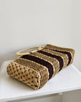 Burgundy Striped Woven Straw Handbag