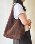 Suede Leather Shoulder Bag in Espresso