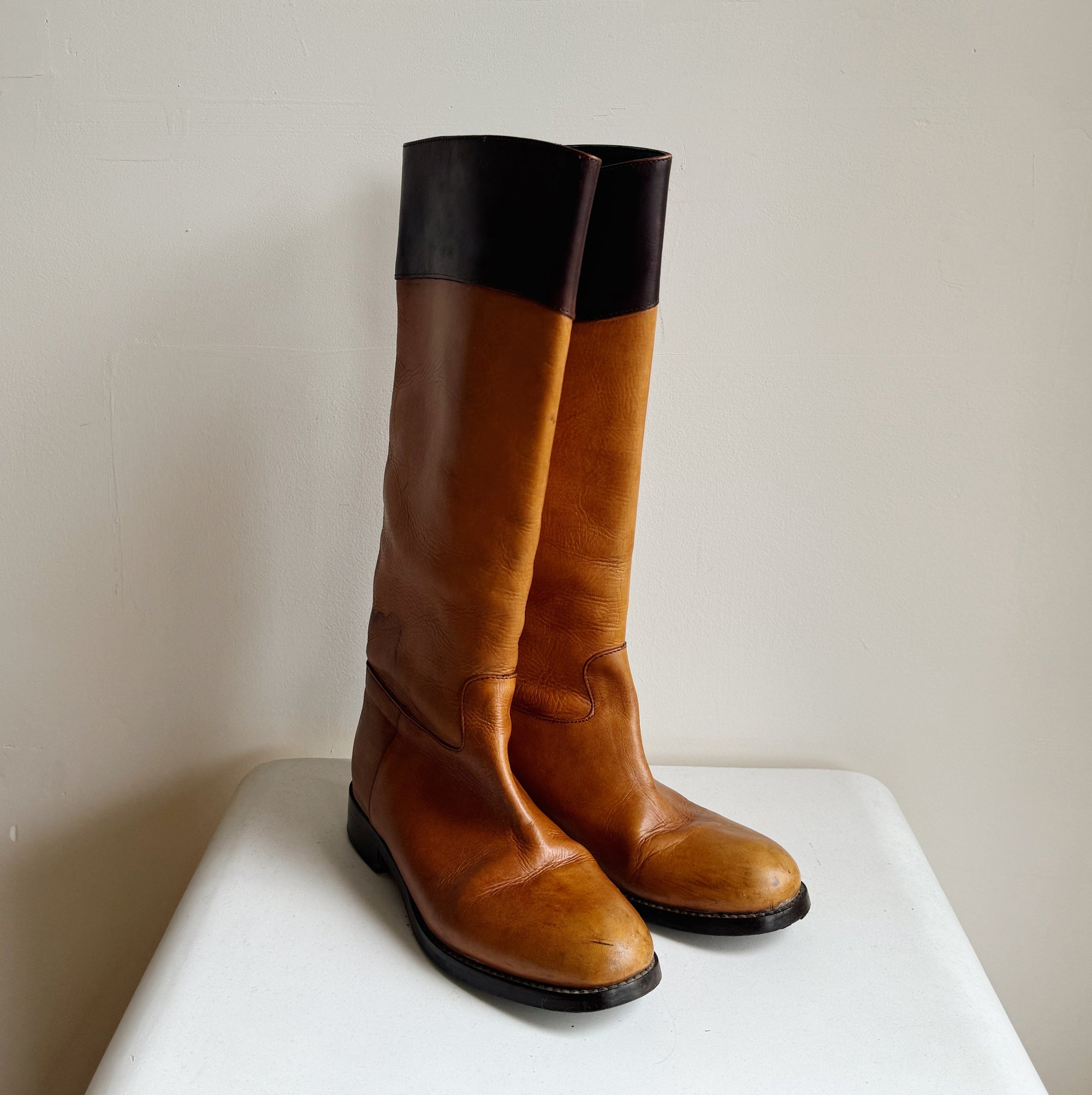 Tobacco Two-Tone Leather Riding Boots | Size 38