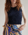 Navy Popcorn Textured Top