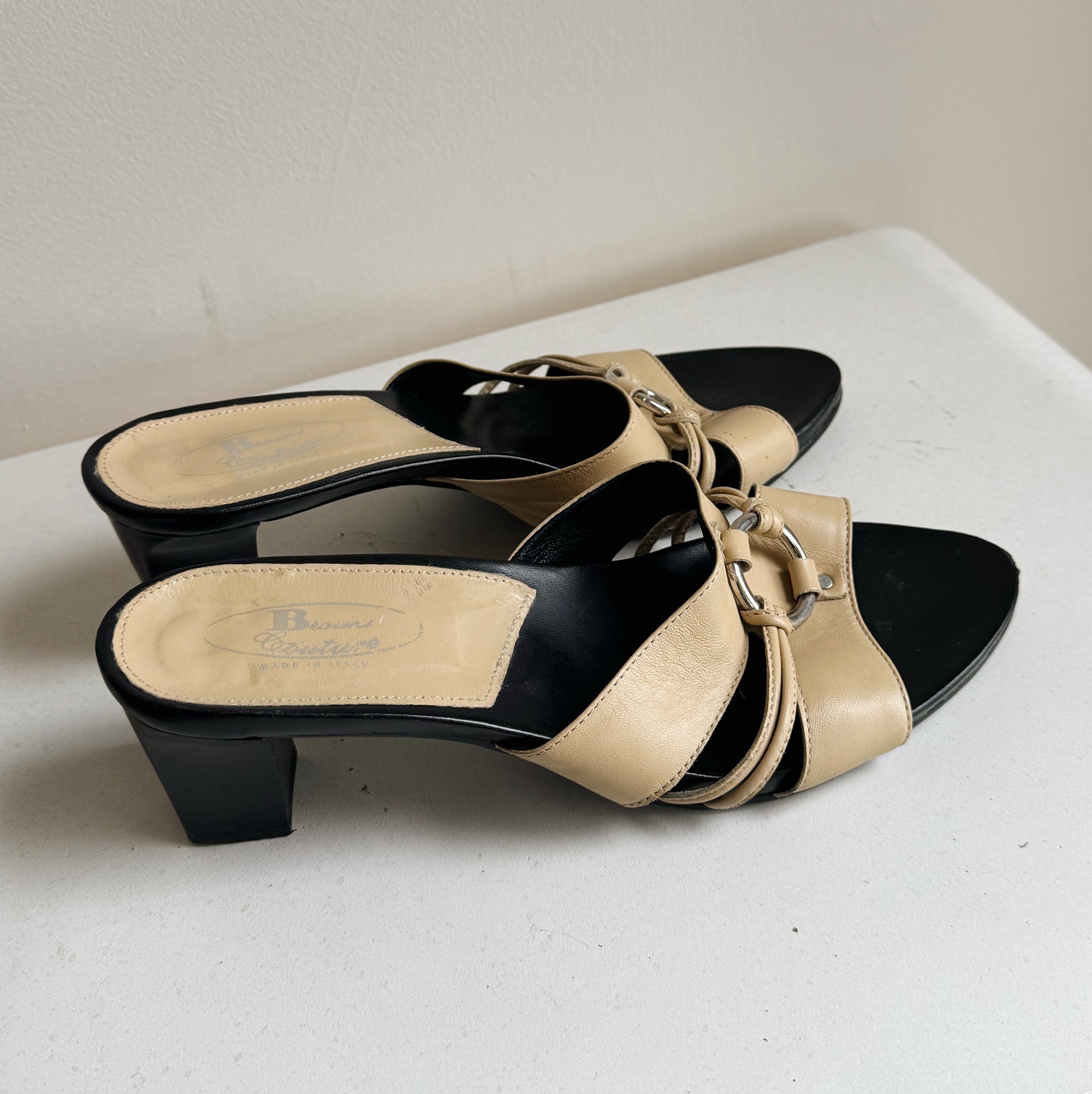 Beige Strappy Leather Kitten Mule | Size 39