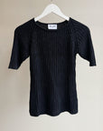 Navy Ribbed Silk Knit Raglan Tee