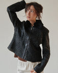 Black Woven Leather Jacket With Fur Collar