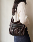 Chocolate Brown + Black Zipped Utility Leather Crossbody