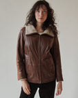 Brown Shearling Collar Leather Coat