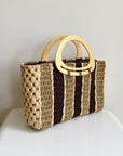 Burgundy Striped Woven Straw Handbag