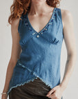 Aqua Linen Asymmetrical Beaded Tank
