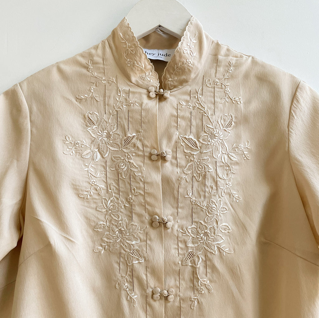 Beige Antique Embroidered Silk Blouse