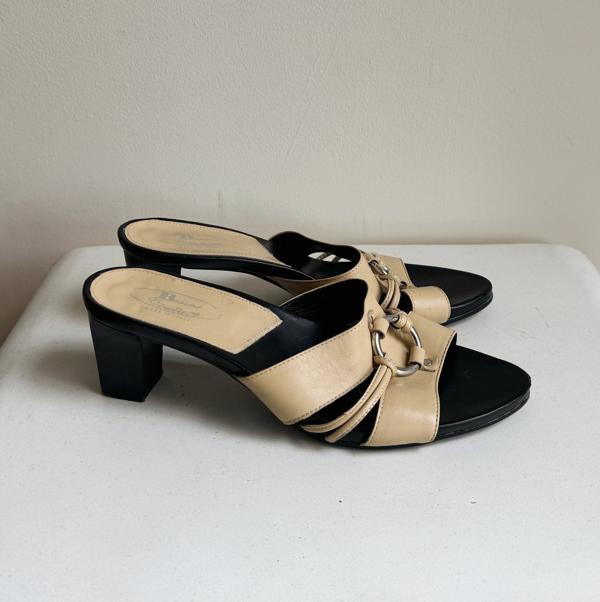 Beige Strappy Leather Kitten Mule | Size 39