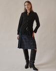 Navy Plaid Pleated Wrap Skirt