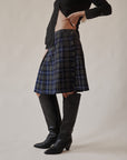 Navy Plaid Pleated Wrap Skirt