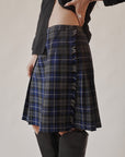 Navy Plaid Pleated Wrap Skirt