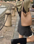 Italian Woven Leather Bucket Bag in Khaki