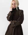 CUBIC | Stand Collar Belted Long Trench Coat in Reddish Brown