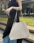 Italian Leather Braided Tote in Dust White