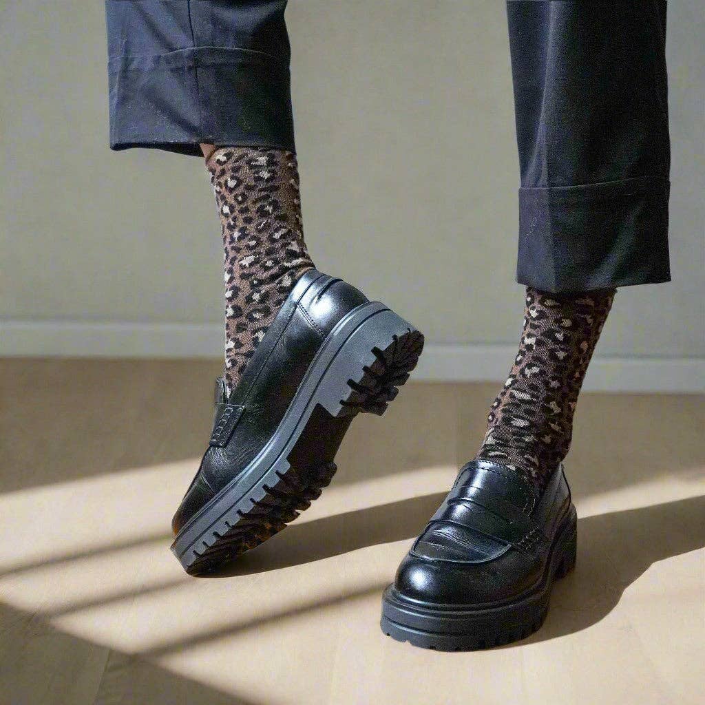 KLUE | Glitter Lurex Socks in Leopard Brown