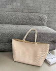 Italian Leather Braided Tote in Dust White