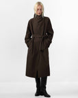 CUBIC | Stand Collar Belted Long Trench Coat in Reddish Brown