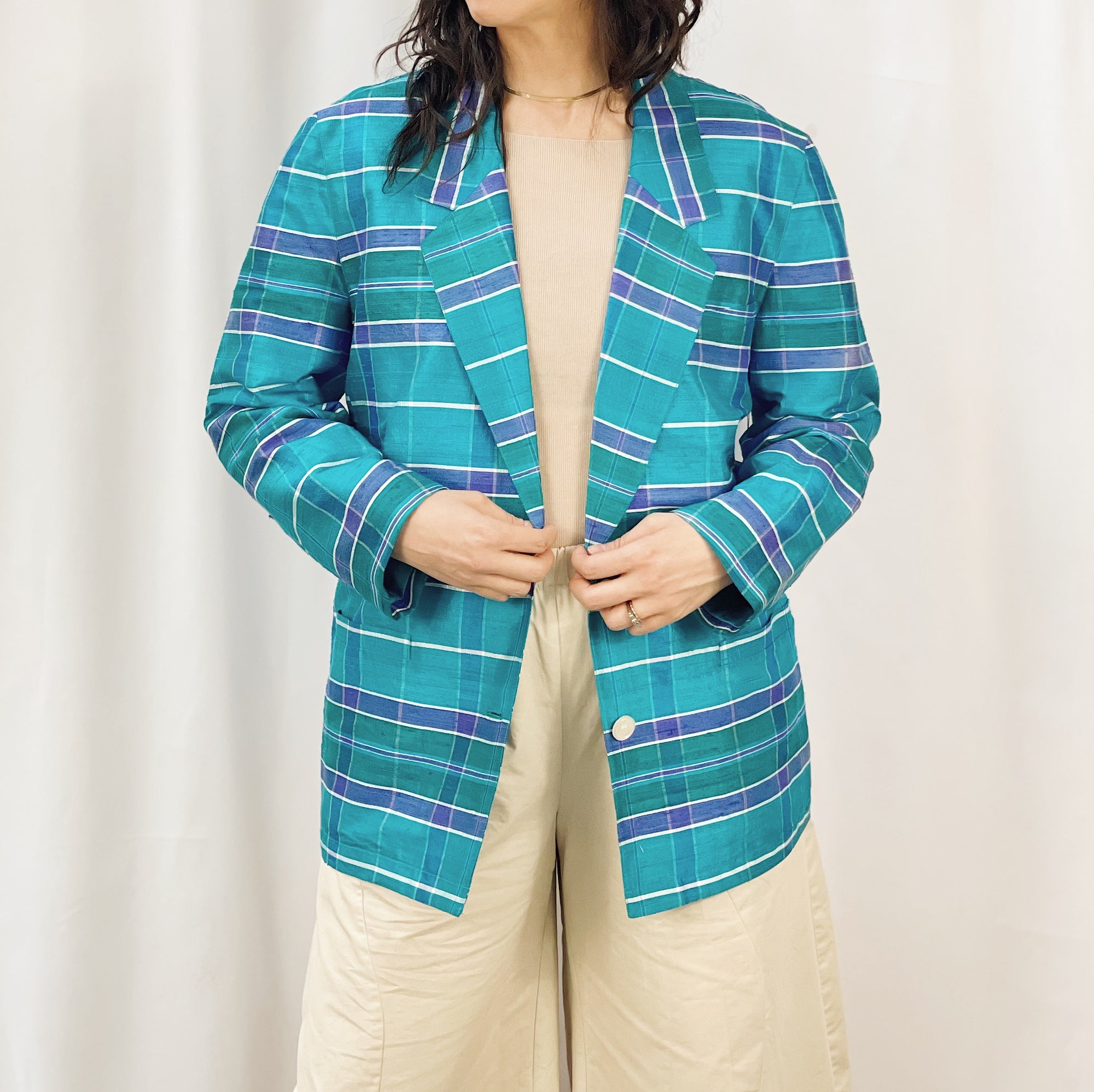 Vintage Lapis Plaid Silk Blazer